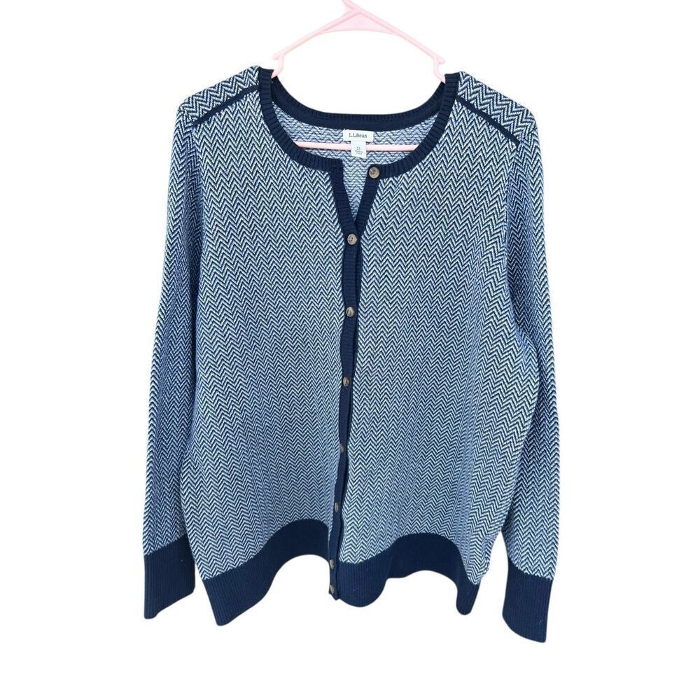 LLBean Women's XL Herringbone Knit Cardigan Sweater Cotton Cashmere Career